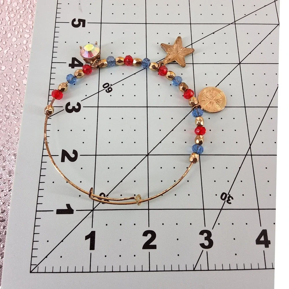 Patriotic Gold Tone Charm‎ Bangle Bracelet Red Blue Beads Star Heart AB Crystal